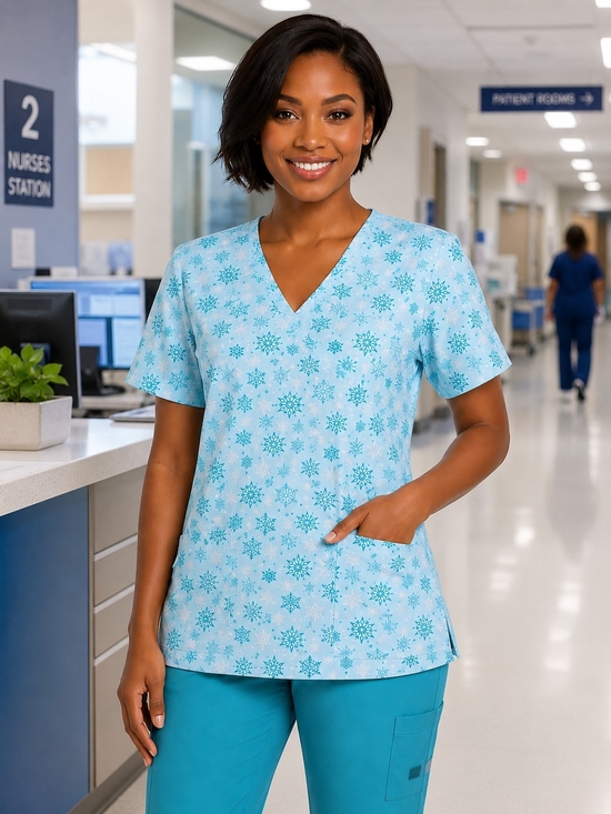 JDM Uniforms Tops - Light Blue Medical Scrub - Snowflake V-Neck Top - SIZE Large NWT